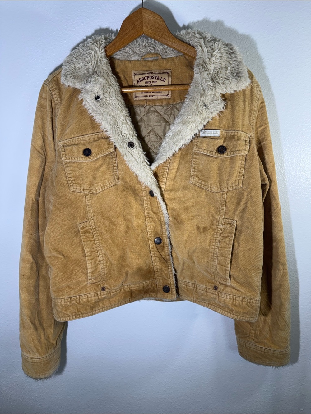 Aeropostale Women Tan Corduroy Jacket Cream Sherpa Collar Trucker Coat Medium